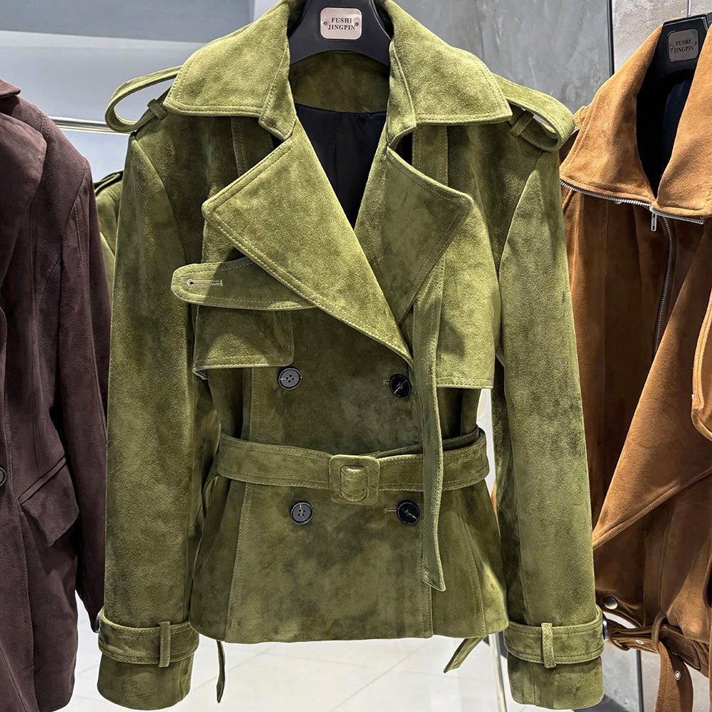 YOLOAgain High Quality Suede Leather Jacket Women With Belt Double Breasted Croc Pattern Jacket Female