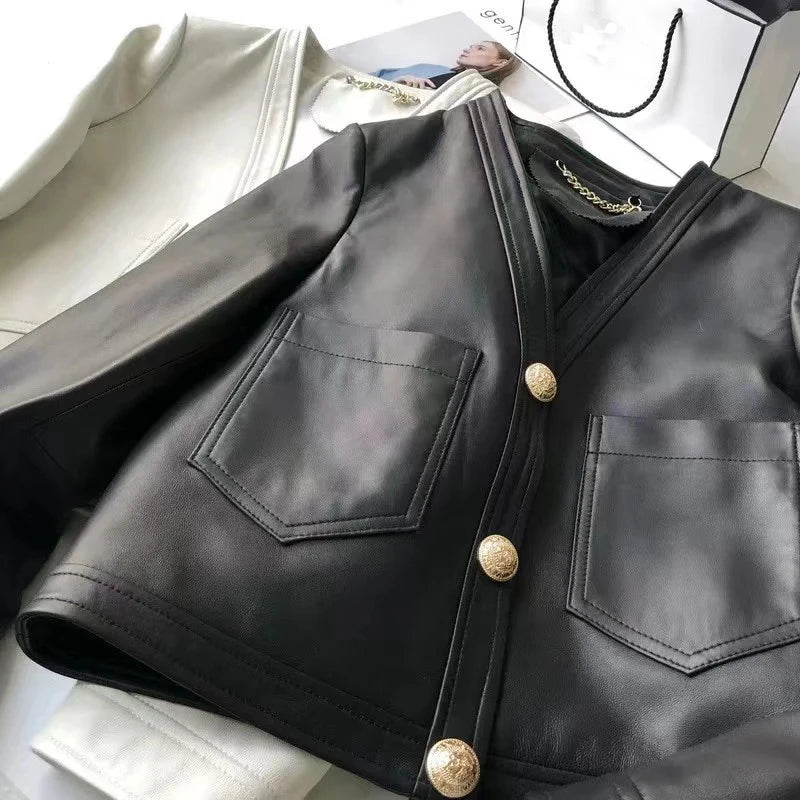 Genuine Sheepskin Casacas Para Mujer Women Casual V-neck Short Khaki/White/Black Leather Jacket Feminino Slim Tops Trendy Pocket