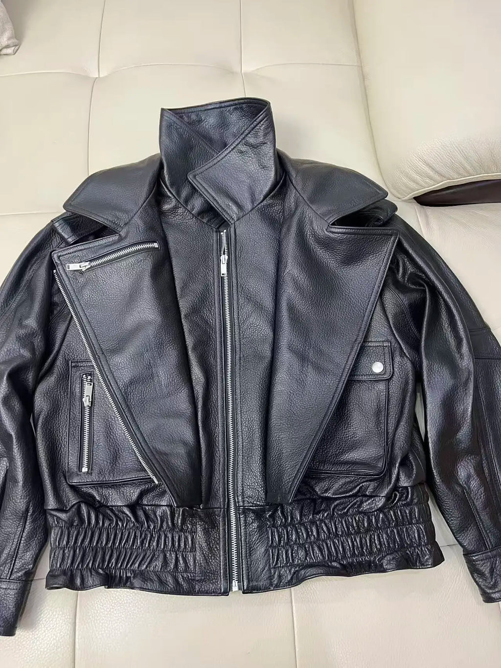Leather Coat Autumn Winter Women Vintage Fashion Double Collar Lychee Pattern Sheepskin Bubble Leather Zipper Motorcycle Jacket