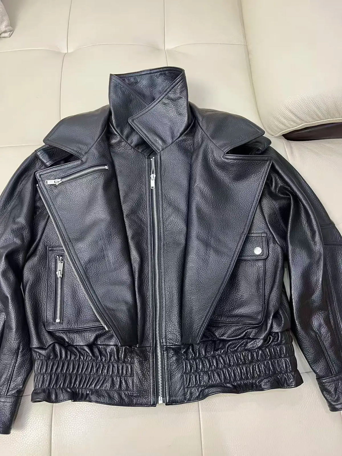 Leather Coat Autumn Winter Women Vintage Fashion Double Collar Lychee Pattern Sheepskin Bubble Leather Zipper Motorcycle Jacket