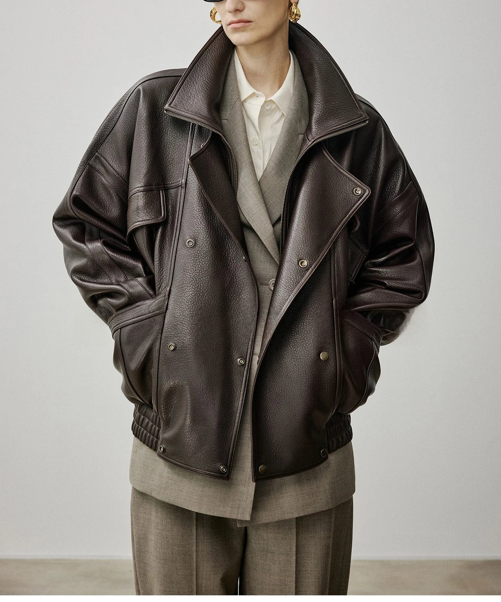Brown Sheepskin Bubble Skin Coat Female Retro Double Layer Collar Double Breasted Zipper Loose Leather Jacket Winter Outerwear