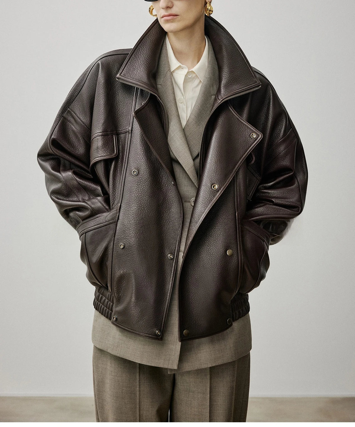 Brown Sheepskin Bubble Skin Coat Female Retro Double Layer Collar Double Breasted Zipper Loose Leather Jacket Winter Outerwear
