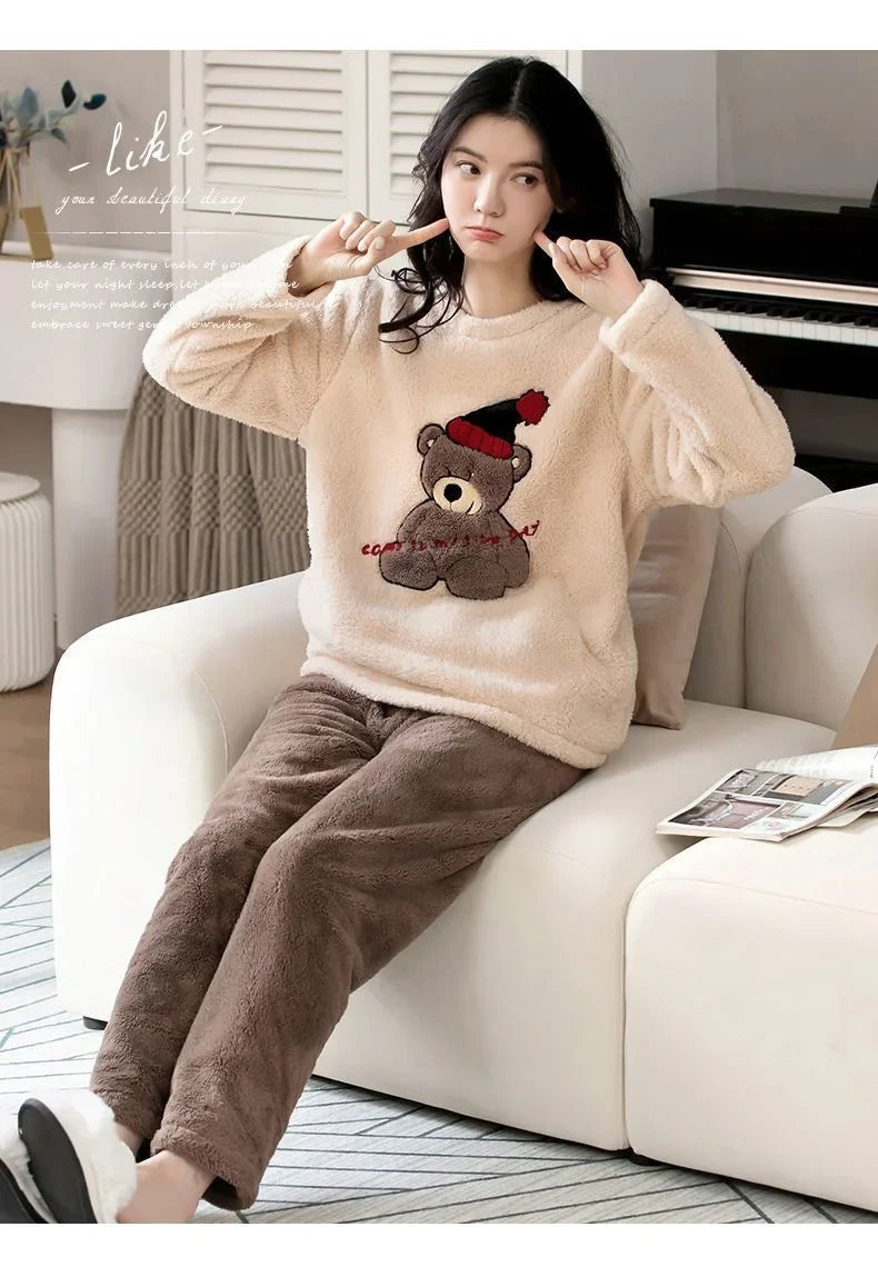 Thickened Warm Large Size Padded Fall and Winter Women's Pajamas Top and Pants Set Coral Velvet Ladies Cartoon Bear 2PCS/Set