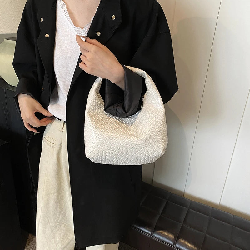 Women Classic Fashion Woven Embossed Hobo Soft PU Leather Small Top-handle Shoulder Bag Casual Daily Handbags