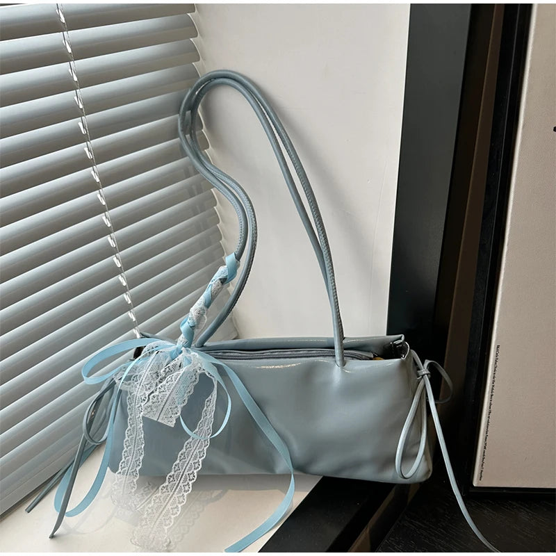 French Elegant Square Bag Korean Bow Decoration Pu High-quality Bag Niche Simple Ballet Style Shoulder Bag New Casual Women Bags