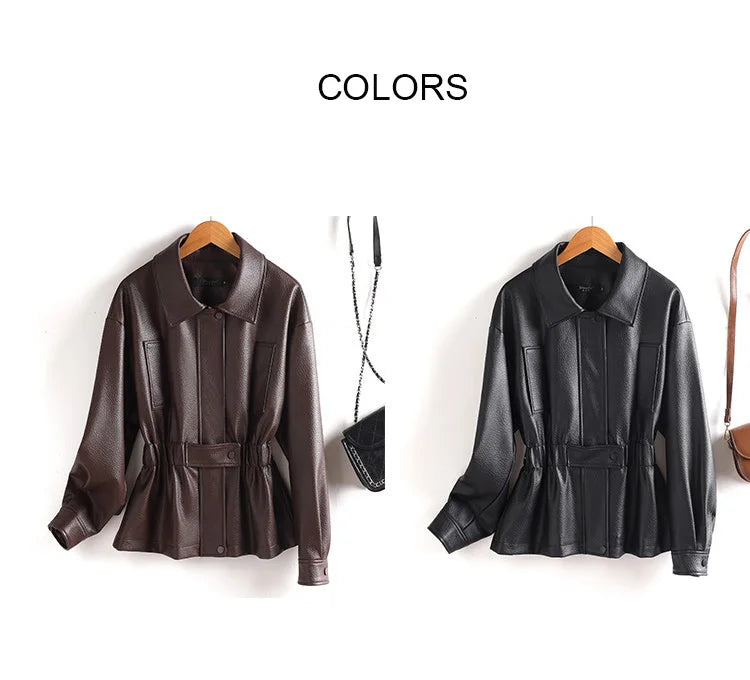 New Women Split Leather Jacket Spring Autumn Fashion Turn-down Collar Stretch Adjustable Waist Short Coat Casual Leather Jacket