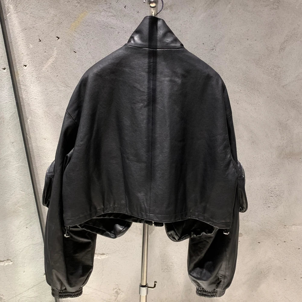 Women Real Leather Bomber 2024 New Coming Autumn Real Leather Jackets with Pockets Inside Down