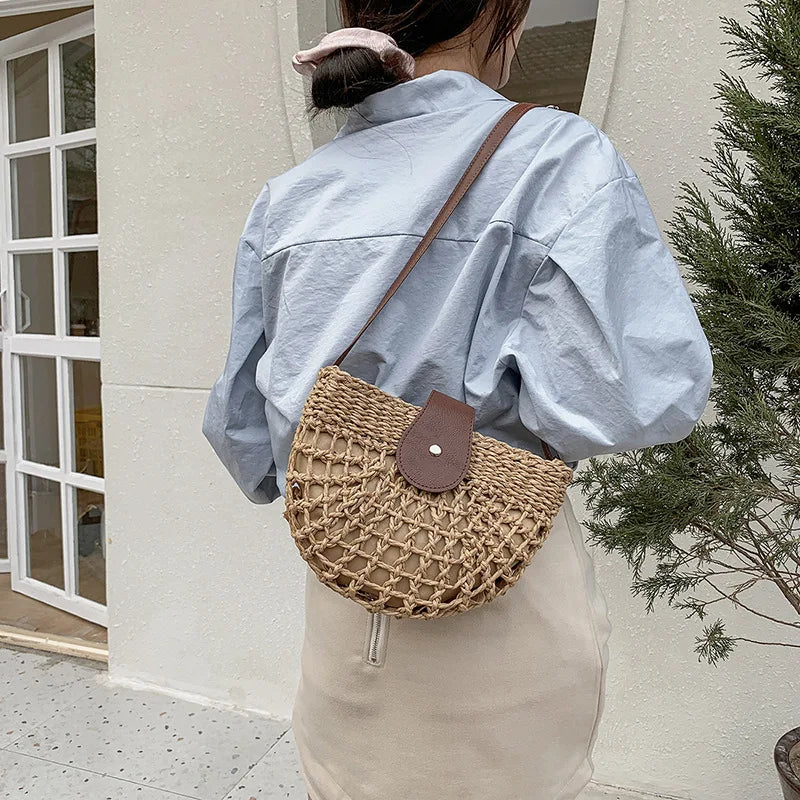 Summer Straw Bag For Women Fashion Semicircle Crossbody Bags Rattan Handmade Messenger Handbag Travel Beach Bags Tote
