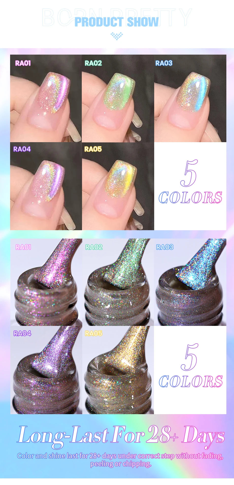 BORN PRETTY 10ml Rainbow Auroras Cat Magnetic Gel Nail Polish Holographics Soak Off Manicure Gel Varnis Semi Permanent Nail Art