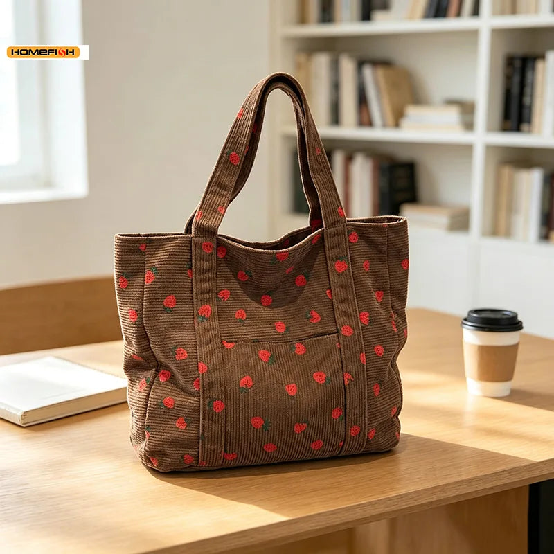 HOMEFISH Corduroy Strawberry Handbag Large Capacity Women Tote Bag Versatile Shoulder Commuter Beach Bag