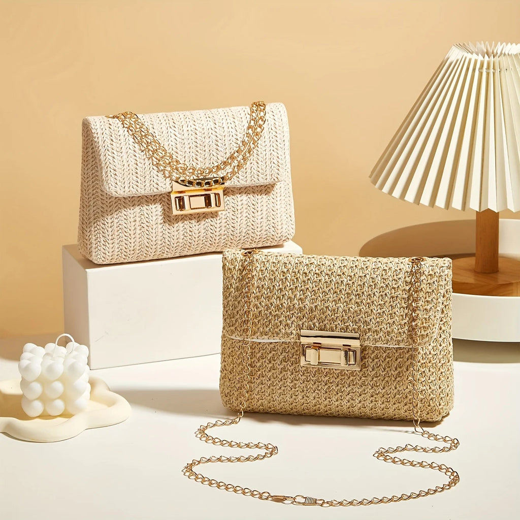 Woven Straw Handwoven Women's Shoulder Bag, Fashion Solid Color Crossbody Purse with Lock Closure