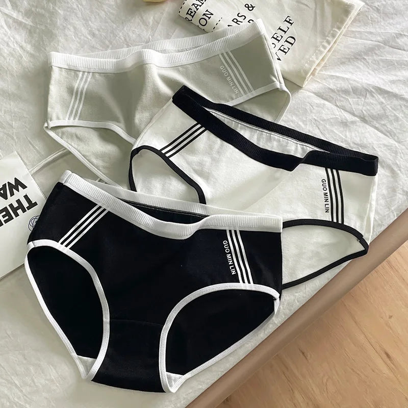 3PCS/Set Sports Style Cotton Women's Panties Girls' Underwear Breathable Mid Waist Shorts Sexy Lingerie Plus Size Solid Briefs
