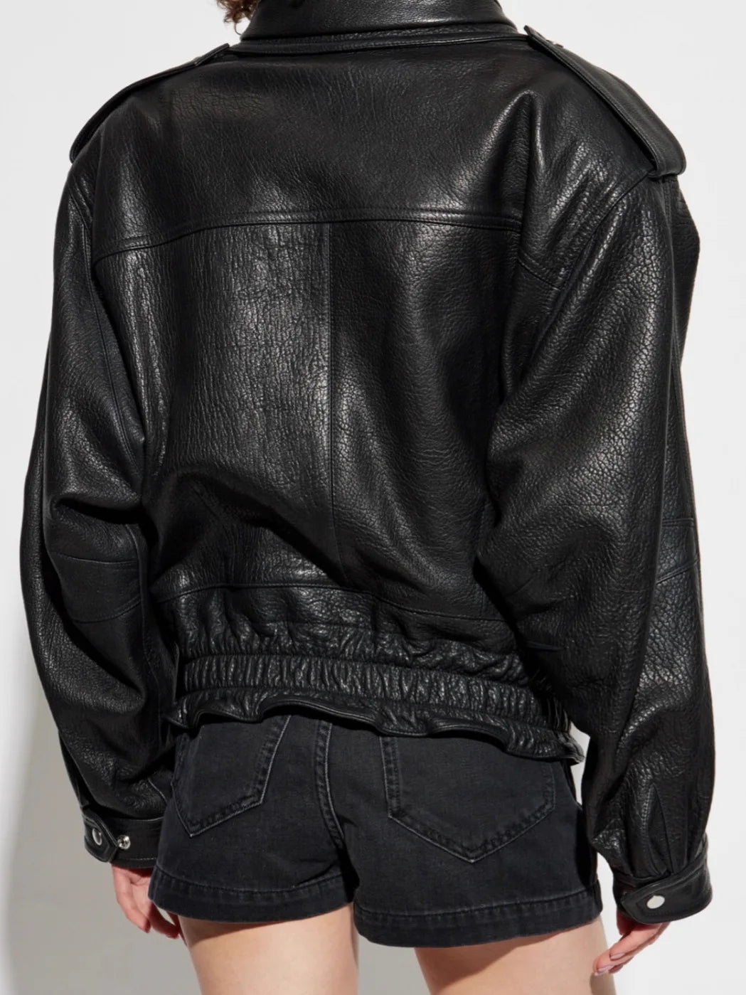 Leather Coat Autumn Winter Women Vintage Fashion Double Collar Lychee Pattern Sheepskin Bubble Leather Zipper Motorcycle Jacket