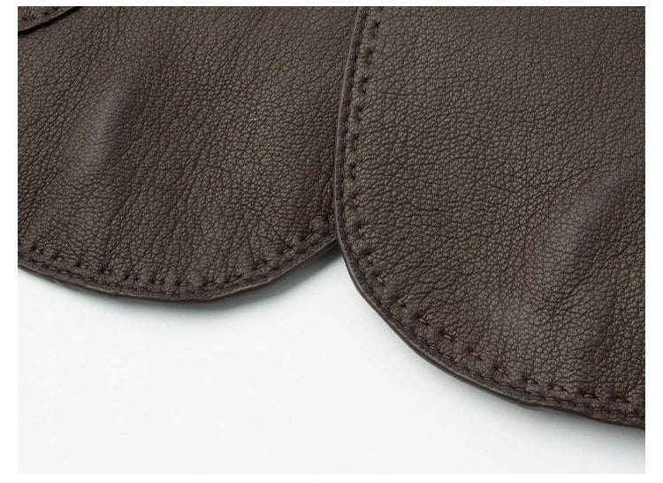 Women's Autumn Clothing European High Quality Sheepskin Casual O-Neck Single-Breasted Coffee Litchi Stria Genuine Leather Jacket