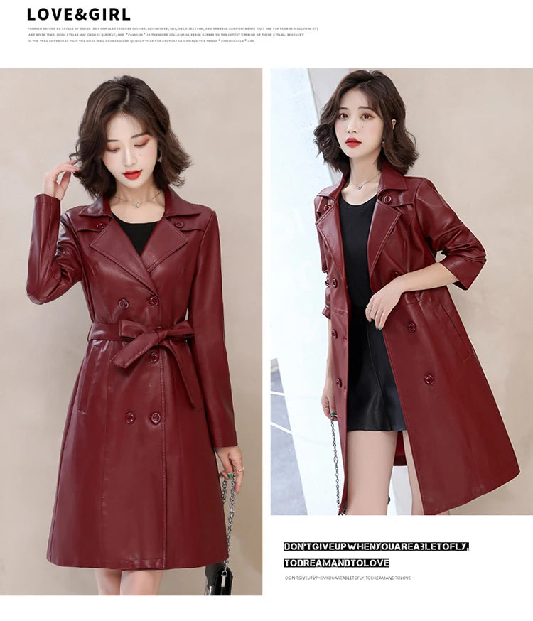 2026 Spring Autumn Sheep Leather Long Trench Coat Women Double Breasted Slim Trench Coat Female Outwear Fashion Windbreaker