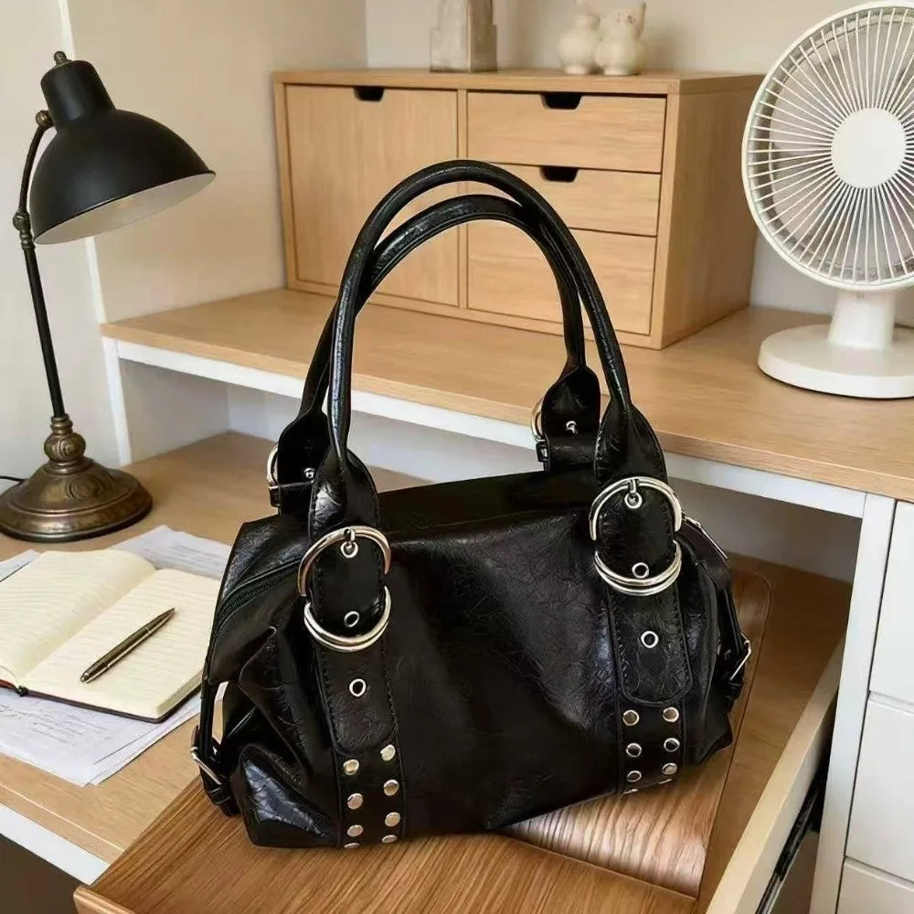 New PU Leather Women Shoulder Bag Large Capacity Y2K Motorcycle Bag High Quality Fashion Rivet Handbag Daily Use