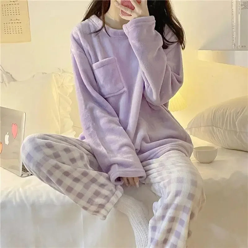 CHUANGERM Women's Casual Winter Fleece Pajamas Set, Thick Warm Soft Plaid Top And Pants Home Suit Pyjamas