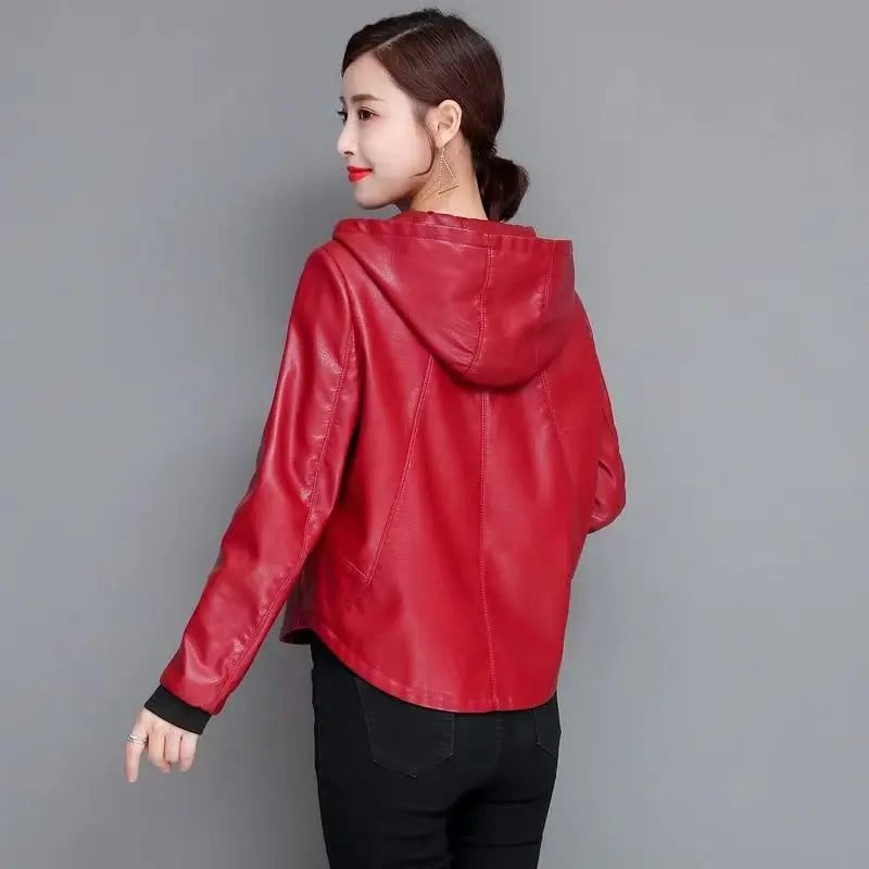 New Women Casual Leather Jacket Spring Autumn Fashion Hooded Zipper Split Leather Loose Outerwear Short Sheepskin Tops Coat