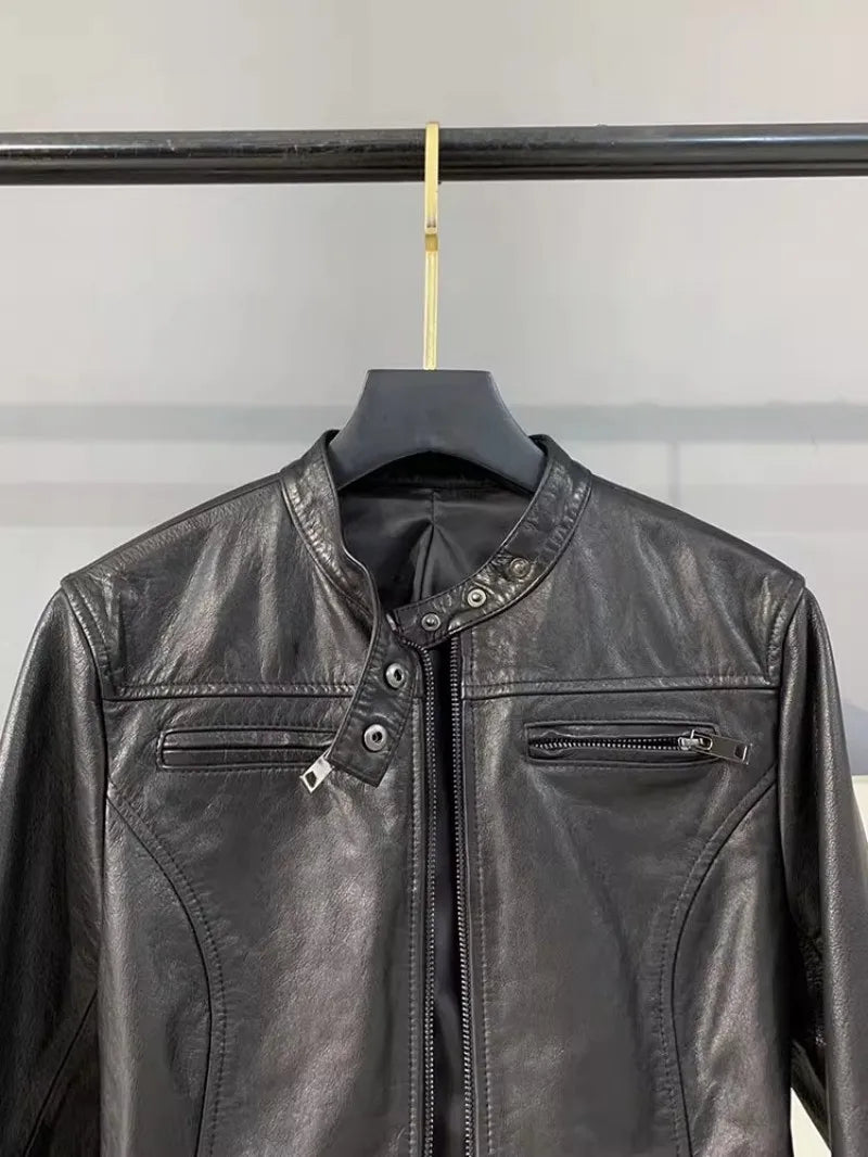 Autumn Fashion Genuine Leather Women Short Jacket Stand Collar Zipper Coat Top Work Lady Slim Fit Jackets Casual Black Outerwear