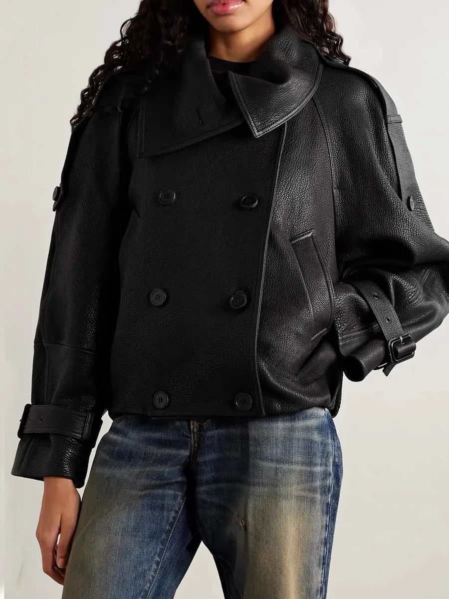 Fashion Real Leather Jacket for Women Modern Genuine Sheepskin Stand Up Collar Short Silhouette Coat Winter Tops Lapel