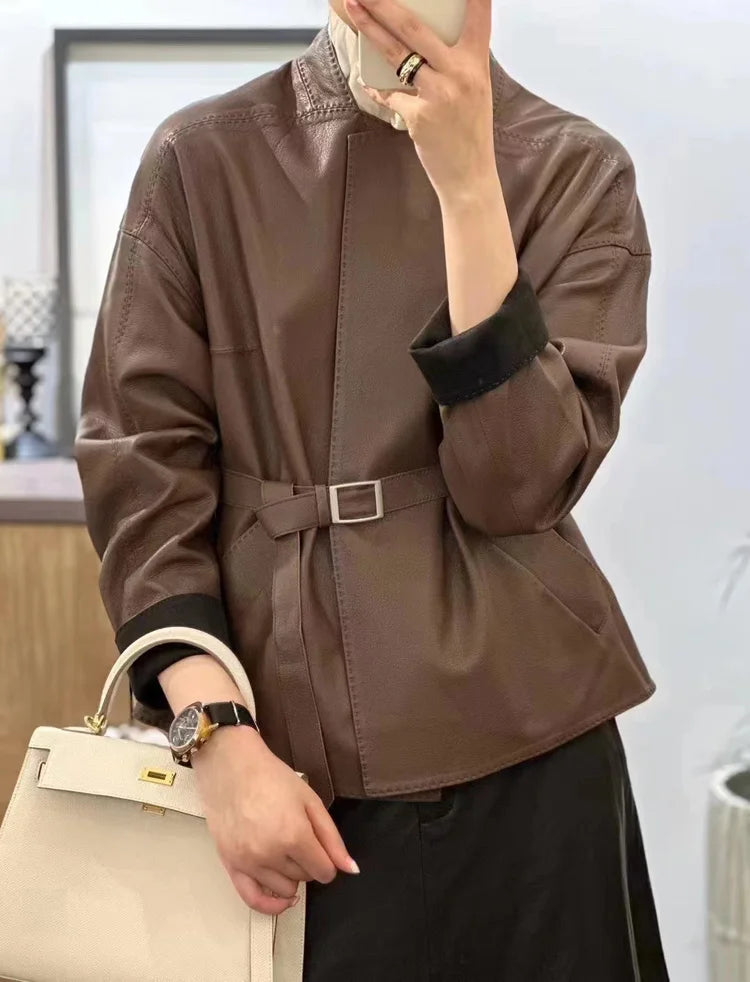 Japanese Style 2025 New Sheepskin Leather Coat for Women Elegant Square Neck Veins Skin Belt Short Jackets Coffee Jaqueta Couro