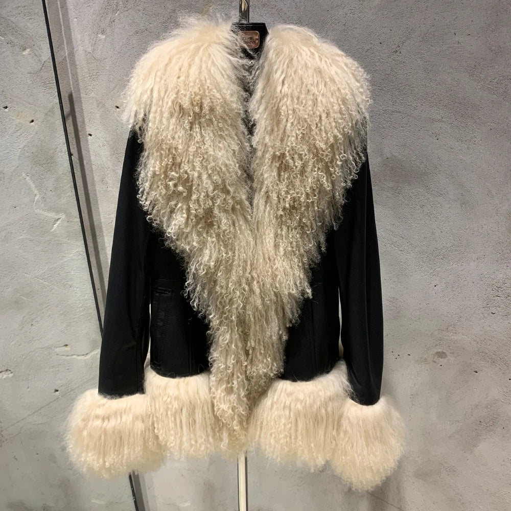 #S Sheep Fur Leather Jackets for Women, Luxury Mongolian Fur, Long Sleeve, 7251, Winter