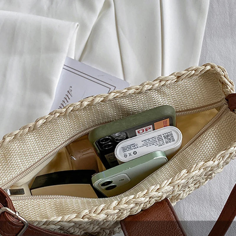 Summer Straw Bag For Women Fashion Semicircle Crossbody Bags Rattan Handmade Messenger Handbag Travel Beach Bags Tote