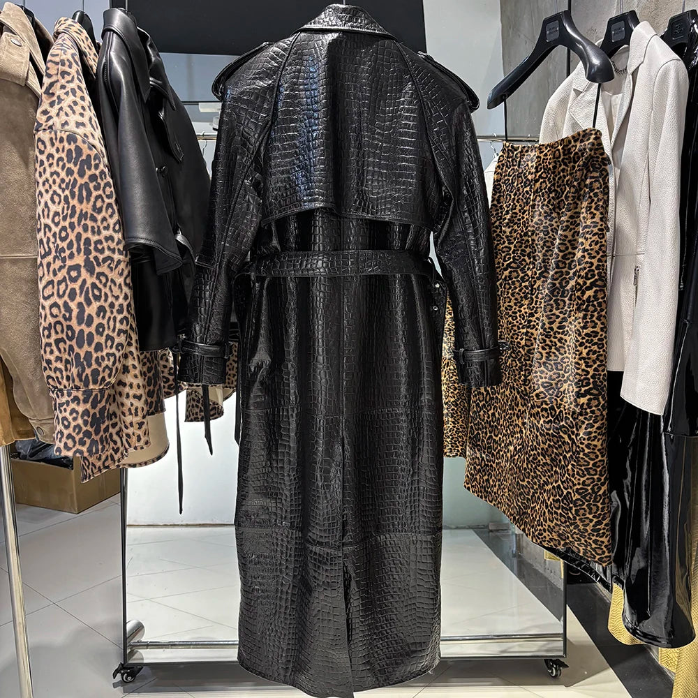 YOLOAgain 150cm Extra Length Real Leather Trench Coat Women Double Breasted Suede Coat Female