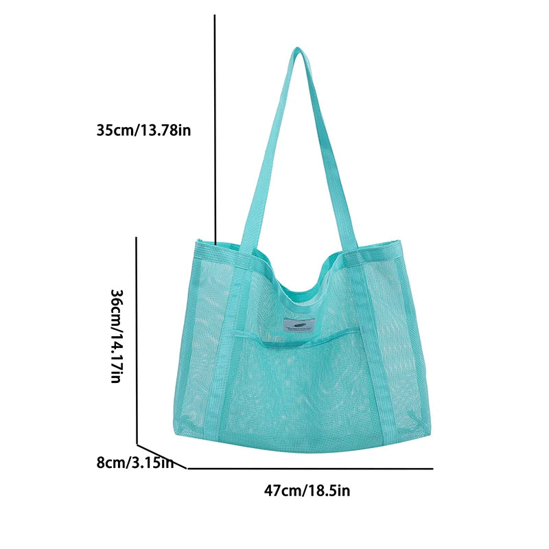 Women Transparent Mesh Shoulder Bag Fashionable Portable Shopping Travel Beach Mesh Net Tote Handbag