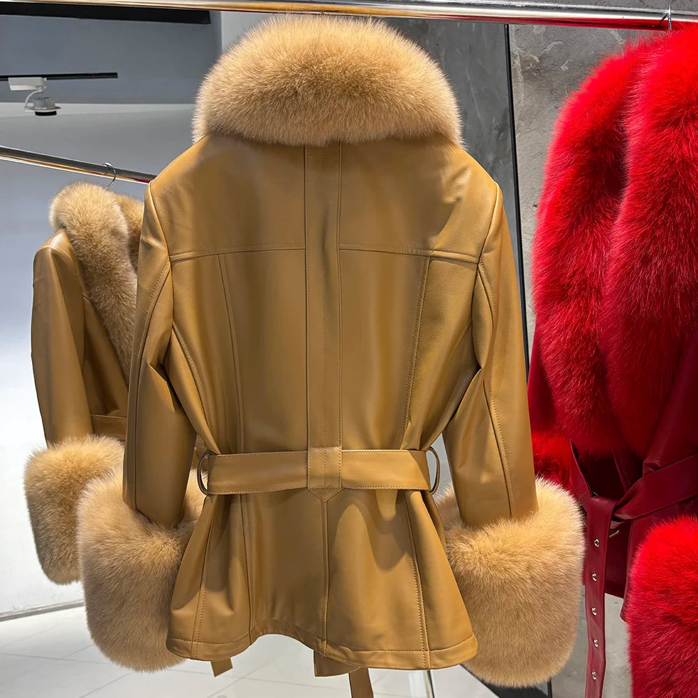 YOLOAgain Women's Real Fox Fur Collar Sheepskin Leather Jacket Coat Autumn 2025