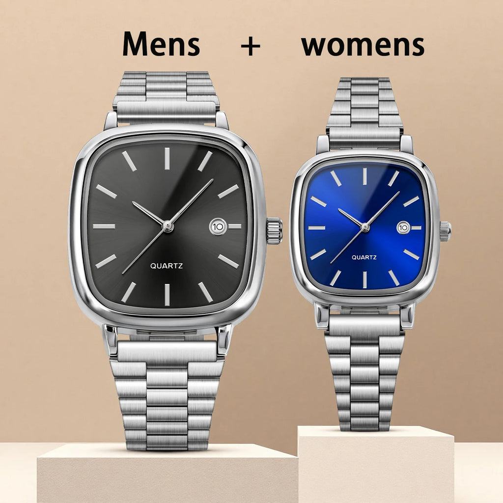 Couple Watches for Men and Women; Quartz Watches with Stainless Steel Bands and Calendar; Christmas Gift.