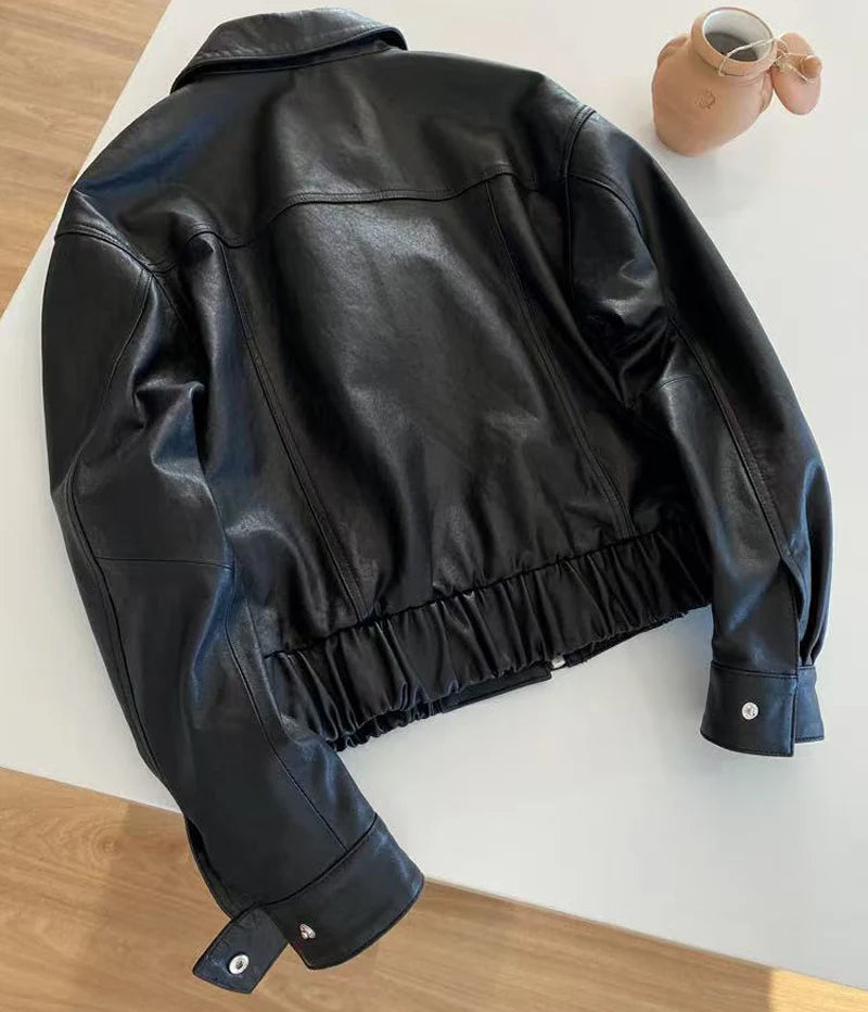 Genuine Leather Jacket for Women Sheepskin Leather Short Coat Female Collar Cropped Veste Woman Clothing Basic Daily Outfit