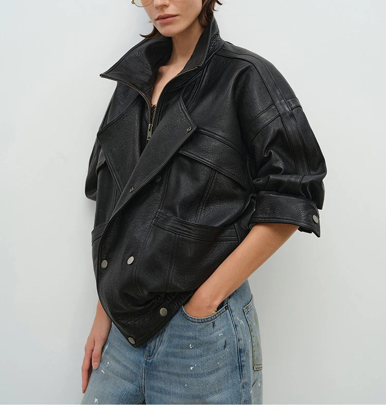 Brown Sheepskin Bubble Skin Coat Female Retro Double Layer Collar Double Breasted Zipper Loose Leather Jacket Winter Outerwear