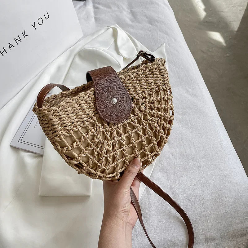 Summer Straw Bag For Women Fashion Semicircle Crossbody Bags Rattan Handmade Messenger Handbag Travel Beach Bags Tote