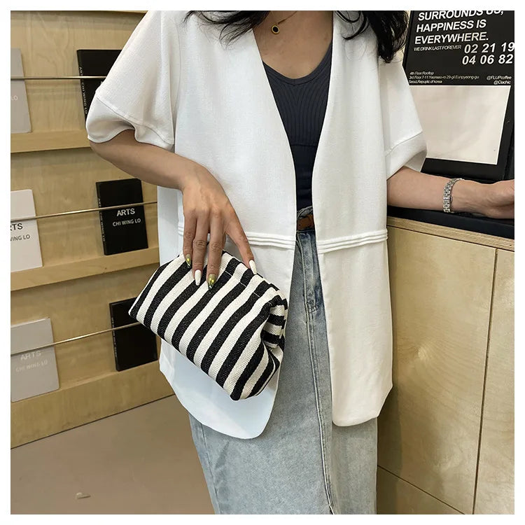 Summer Woven Crochet Purses for Women Beach Clutch Handbags 2026 Dumpling Hobo Casual Colorblock Bag Ladies Ruched Cloud Purse