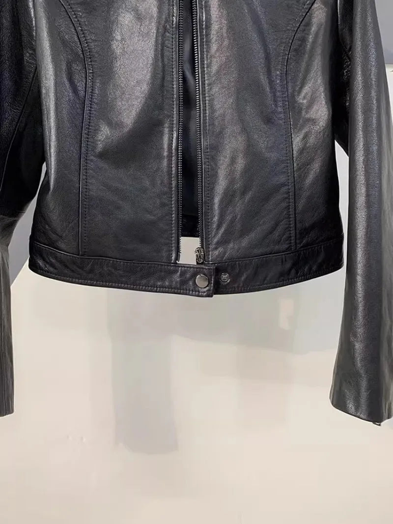 Autumn Fashion Genuine Leather Women Short Jacket Stand Collar Zipper Coat Top Work Lady Slim Fit Jackets Casual Black Outerwear