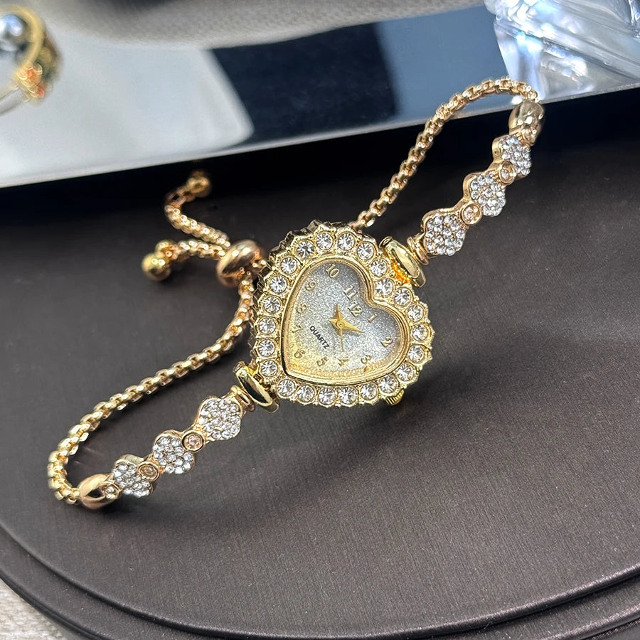New Fashion Heart-shaped Ribbon-Strap Diamond-Studded Flower Watch for Women with Adjustable Bracelet
