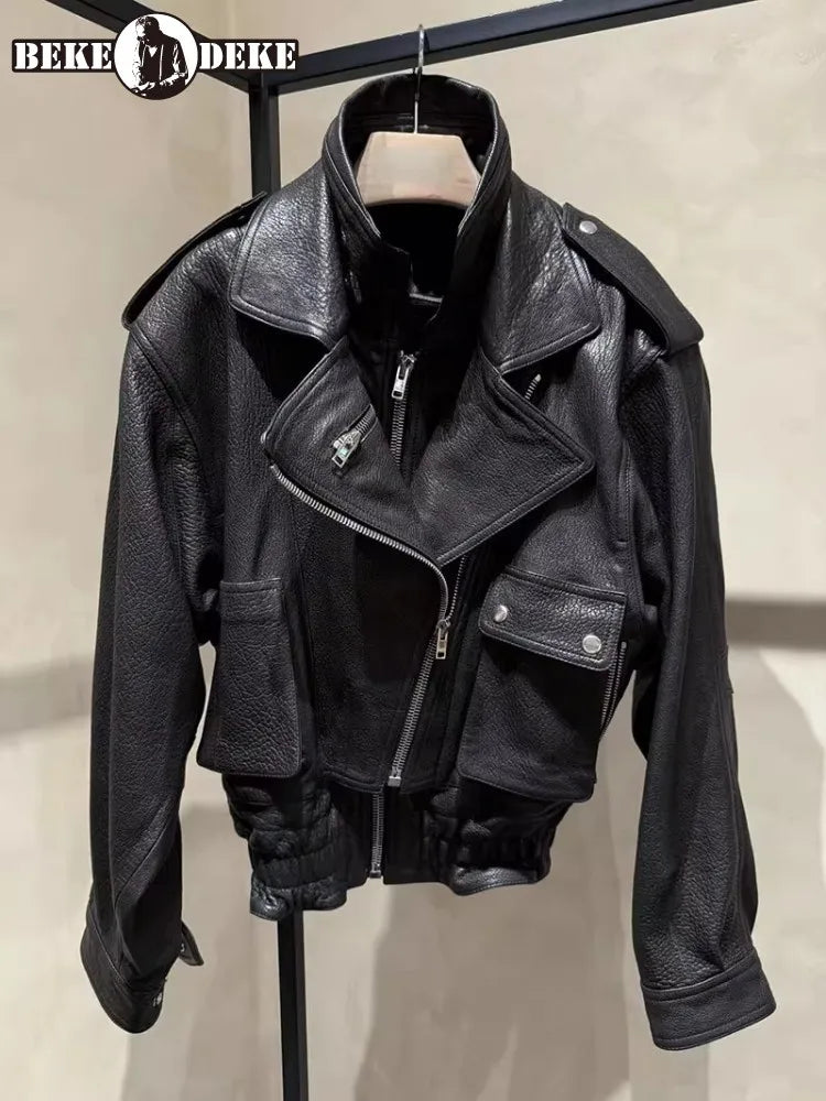 Punk Women Vintage Genuine Leather Jacket Lapel Streetwear Motorcycle Short Coat Loose Fit High Quality Real Sheepskin Outerwear