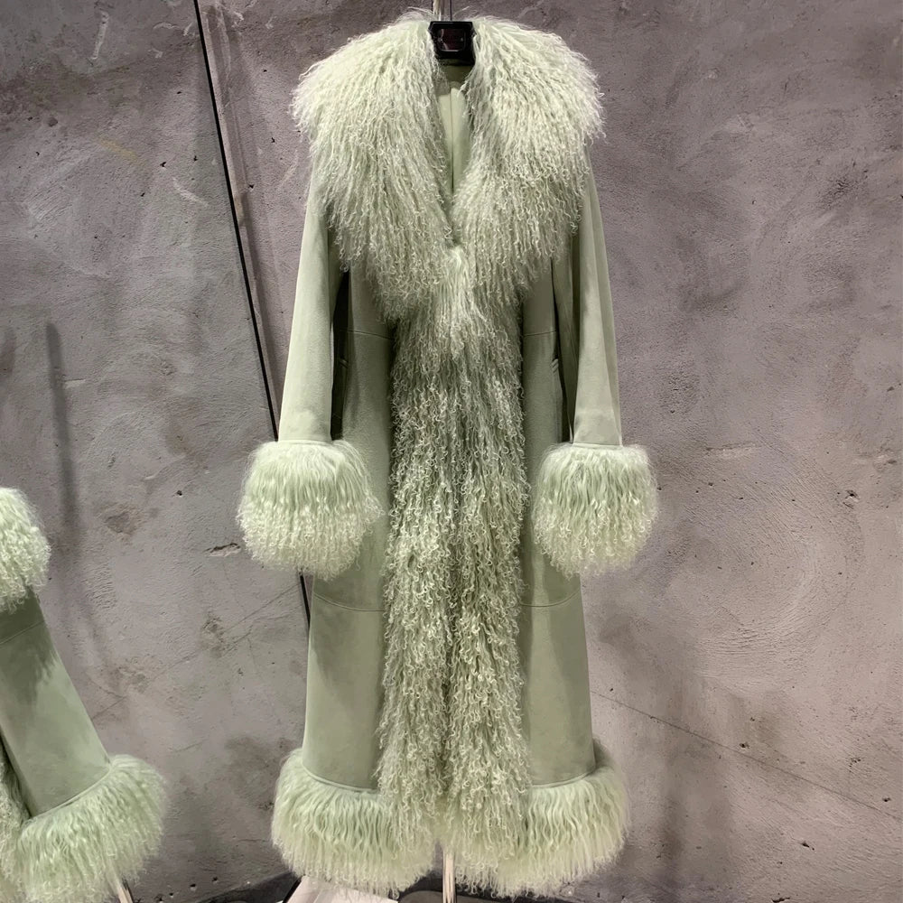Sheep Fur Coat Long Women Autumn Genuine Sheepskin Coat Long with Mongfolian Fur Trim
