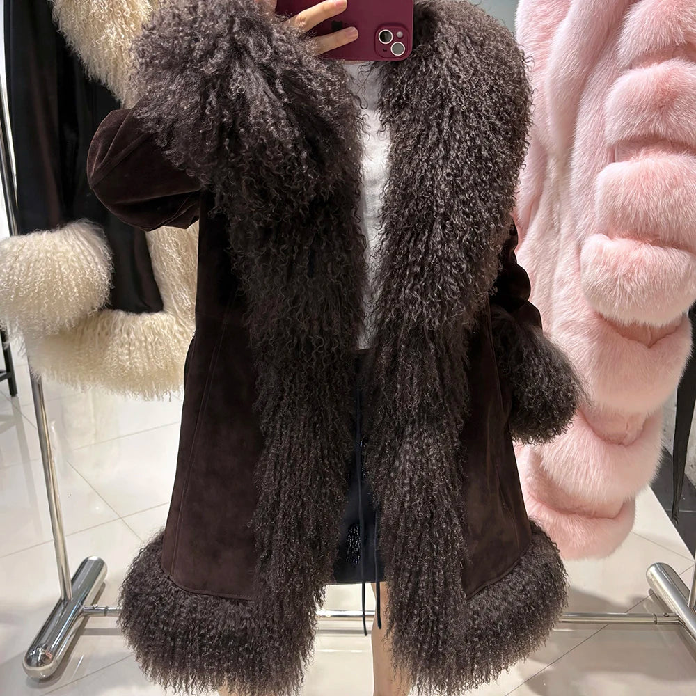 YOLOAgain Mongolia Sheep Fur Jacket Women Real Leather Coat Suede Jacket