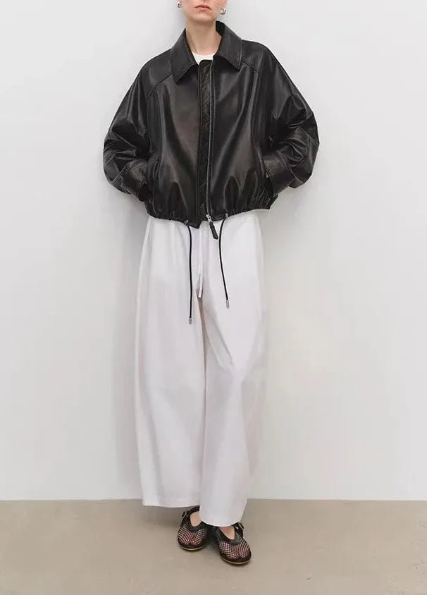 Real Leather Clothing for Women Lapel Drawstring Silhouette Short Coat Female Genuine Sheepskin Balloon Jacket Bomber Femme