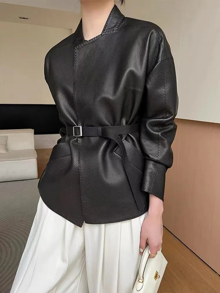Japanese Style 2025 New Sheepskin Leather Coat for Women Elegant Square Neck Veins Skin Belt Short Jackets Coffee Jaqueta Couro