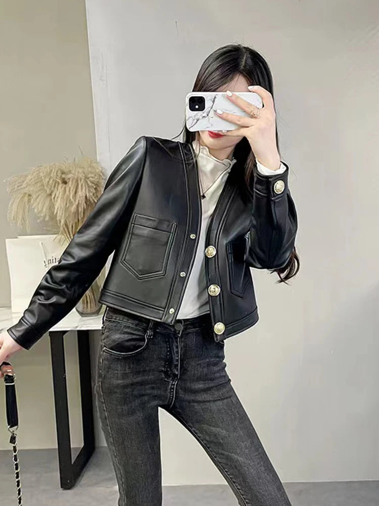 Genuine Sheepskin Casacas Para Mujer Women Casual V-neck Short Khaki/White/Black Leather Jacket Feminino Slim Tops Trendy Pocket
