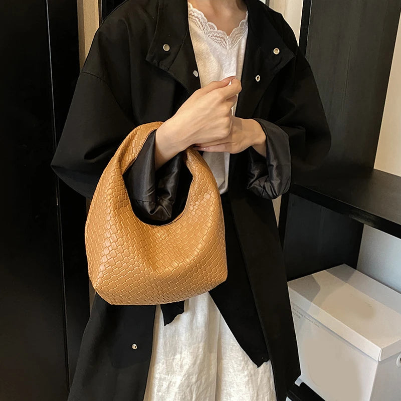 Women Classic Fashion Woven Embossed Hobo Soft PU Leather Small Top-handle Shoulder Bag Casual Daily Handbags