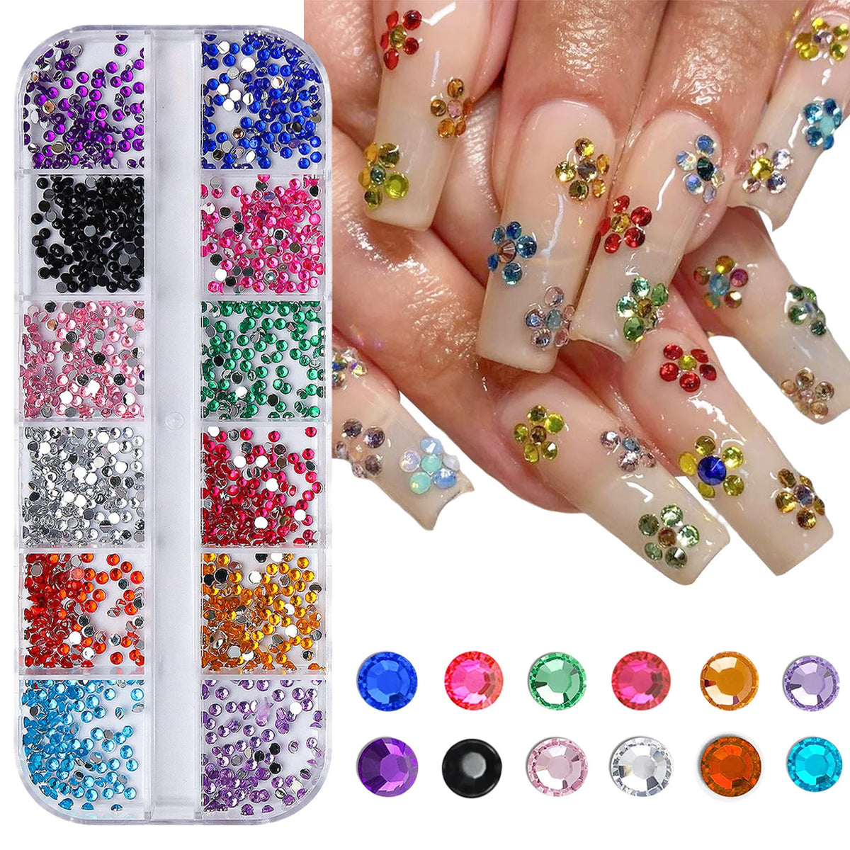12 Cell Sparkling Crystal Nail Art Beads - Flat Base Stones for Multi‑scene Embellishment - Decorates Nails Shoes Makeup Pouches
