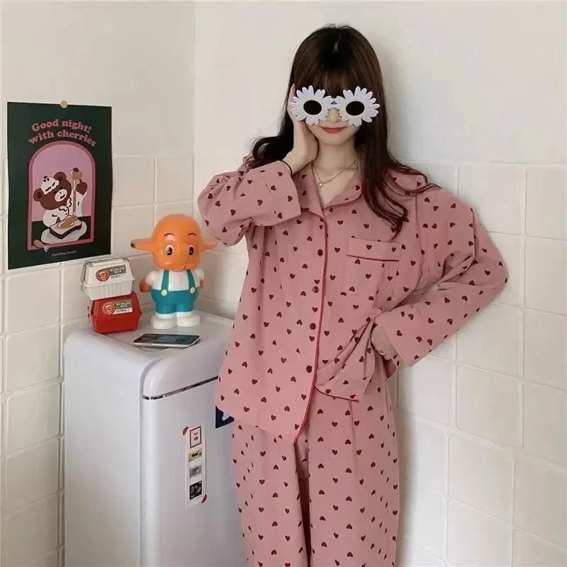 Spring and autumn new ladies' Korean pajamas home wear set for girls and students long-sleeved pajamas