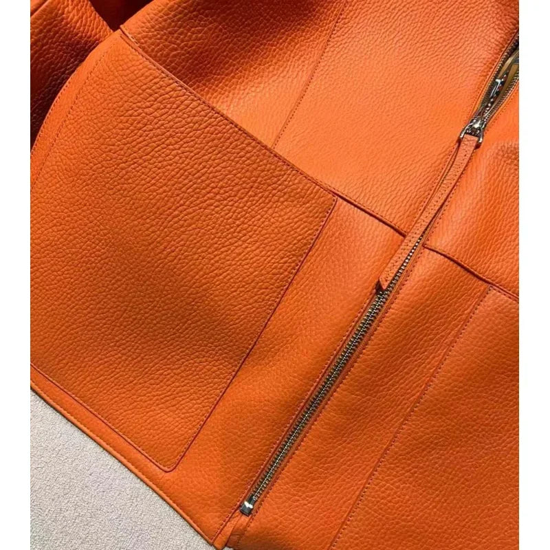 New Fashion 2026 Women Coat Spring Orange Import Real Sheepskin Jacket Floral Pattern Lining Short Length Big Pockets