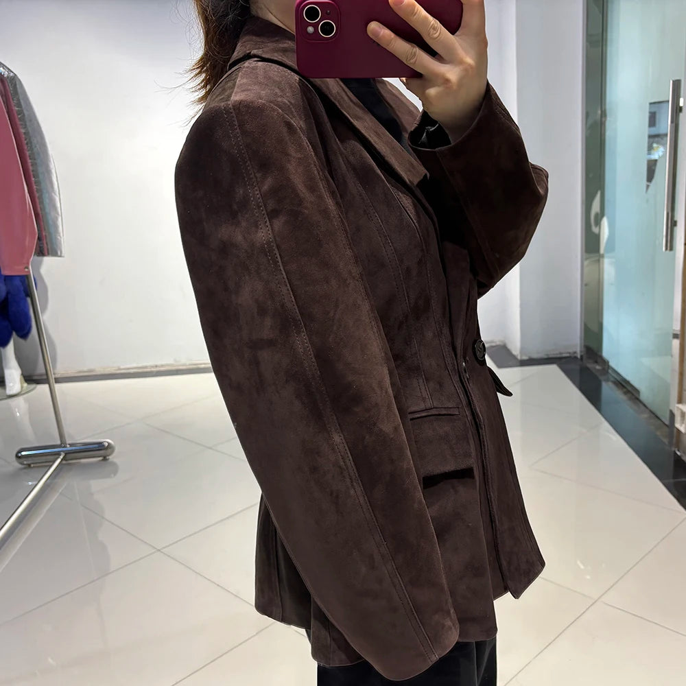 YOLOAgain Vintage Suede Blazer Jacket Women Double Breasted Lapel Dark Brown Genuine Sheepskin Leather Jacket Coat Female