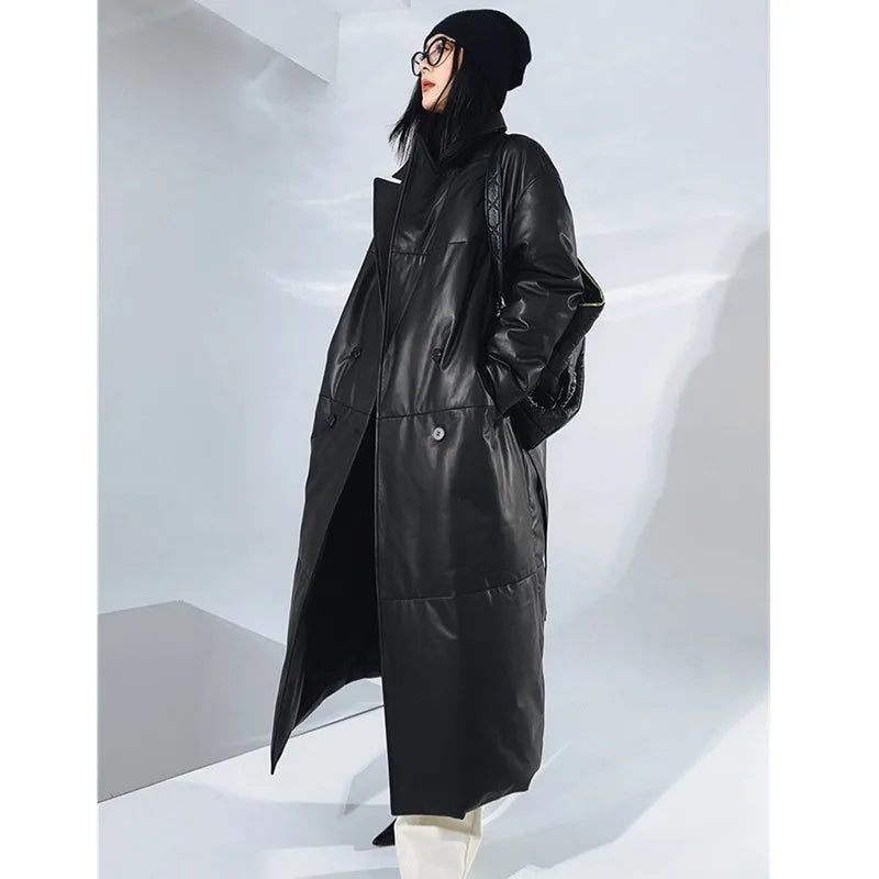 Women's Leather Down Jacket, Loose, Extra Length Design, Goose Down Coat, Suit Collar, Sheepskin Coat, Fashion