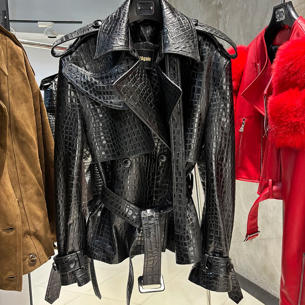 YOLOAgain High Quality Suede Leather Jacket Women With Belt Double Breasted Croc Pattern Jacket Female
